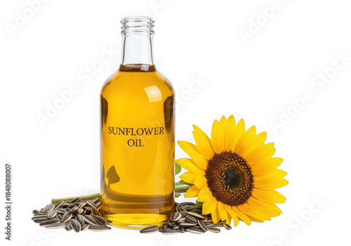 Sunflower Oil Bottle with Seeds and Flower Isolated