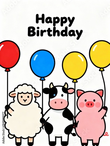 Colorful cartoon animals celebrate a birthday, holding balloons, with a cheerful 
