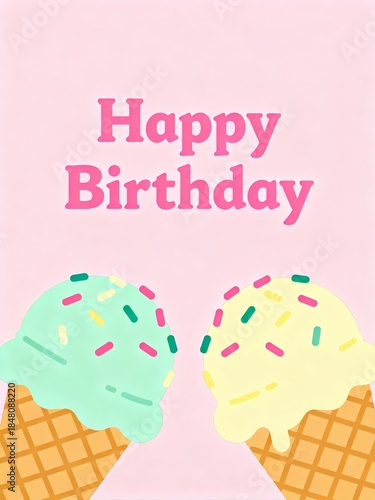 A cheerful birthday card featuring two ice cream cones topped with colorful sprinkles against a pink background.