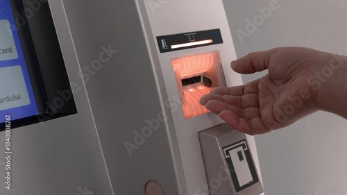 Hand near card slot of self service payment terminal with red warning light and card stuck inside. Concept of card reader malfunction blocked bank card and failed payment. 