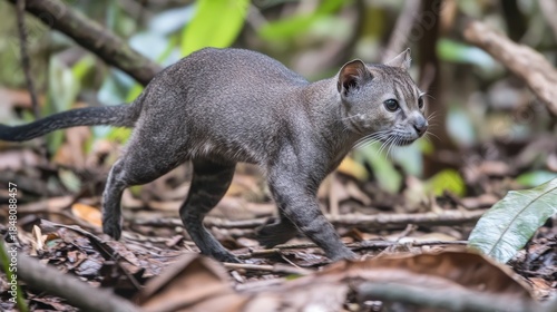 Grey Jaguarundi Cat Walking Through Natural Forest Habitat