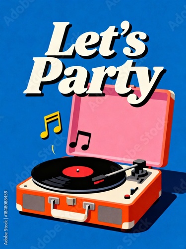 A vibrant illustration of a retro record player with musical notes, inviting everyone to celebrate and enjoy music at a party.