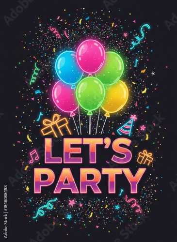 A vibrant party-themed design featuring colorful balloons, confetti, and the text 