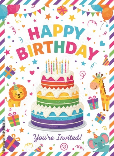 Colorful birthday invitation featuring a cake, cheerful animals, and festive decorations. Perfect for celebrating a child's birthday party.
