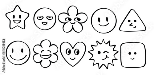 Set of hand drawn Face smile emoji theme Isolated Vector