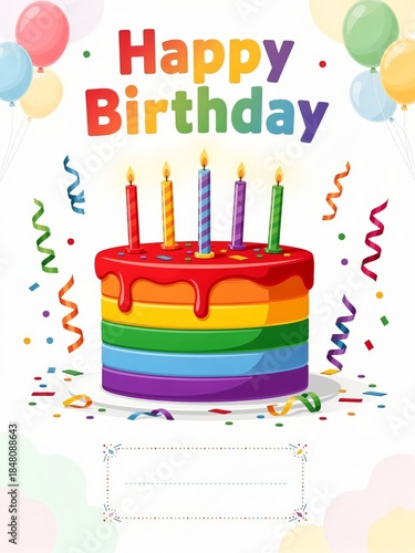 A colorful birthday cake with five candles, decorated in rainbow layers, surrounded by balloons and confetti, celebrating a festive occasion.