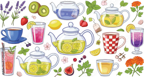 Herbal Tea Collection, Hot and Cold Drinks, Glass Teapots, Cups with Fruit, Berries, Lavender, and Mint Leaves, Vector Illustration.