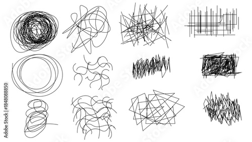 Random chaotic scribble lines collection pencil art set. Abstract random line scribble vector elements including various messy and random lines for design,	
