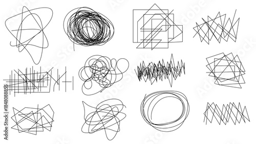 Random chaotic scribble lines collection pencil art set. Abstract random line scribble vector elements including various messy and random lines for design,	
