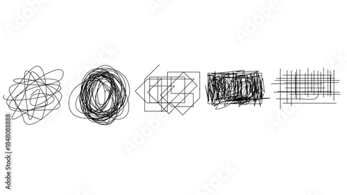 Random chaotic scribble lines collection pencil art set. Abstract random line scribble vector elements including various messy and random lines for design,	
