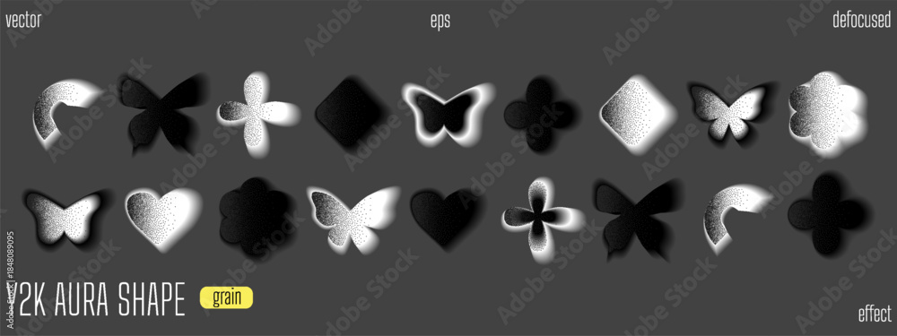 Fototapeta premium Heart and flower y2k gradient with aesthetic aura blur. Black and white color blurry cute graphic with decorated soft fade effect. Futuristic trendy figure with butterfly icon for girl poster