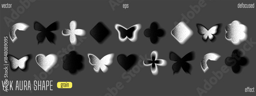 Heart and flower y2k gradient with aesthetic aura blur. Black and white color blurry cute graphic with decorated soft fade effect. Futuristic trendy figure with butterfly icon for girl poster
