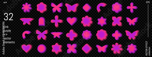 Y2k gradient flower with aura blur for heart shape and aesthetic abstract glow. Pink blurry butterfly sticker with soft neon decorative fade effect. Cute vector trendy design graphic