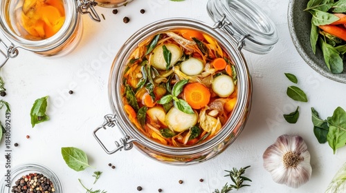 Overhead view of kimchi fermented vegetables in a glass jar