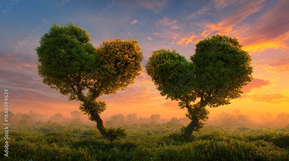 Fototapeta premium Two trees with foliage shaped like hearts stand prominently against a vibrant sunset sky