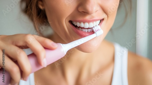 Wallpaper Mural Close-up of a woman cleaning her teeth with an electric toothbrush during a daily oral care routine at home. Torontodigital.ca