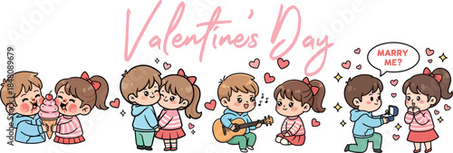 A cute Valentine's Day sticker strip featuring a young couple sharing ice cream, serenading, and a marriage proposal