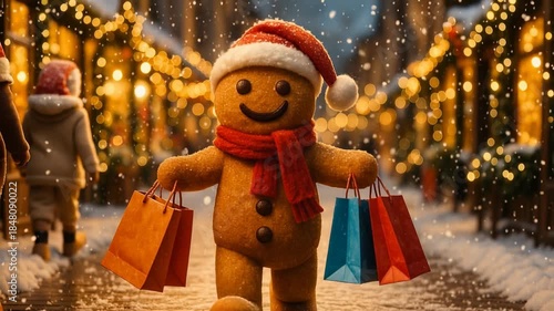 Gingerbread man Santa hat scarf carrying shopping bags snowy festive street joyful market scene