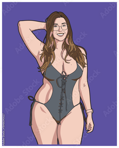 Plus size curvy woman wearing a grey lace-up one-piece swimsuit and glasses. Body positive vector illustration of a smiling model on a purple background