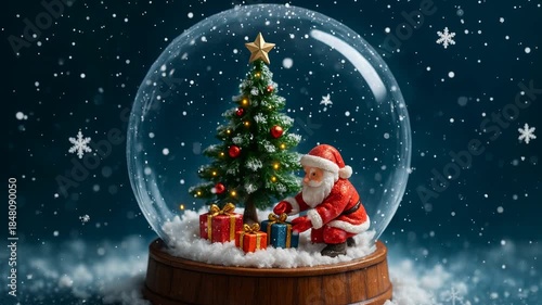 Festive miniature Christmas scene with santa placing gifts beside decorated christmas tree snow