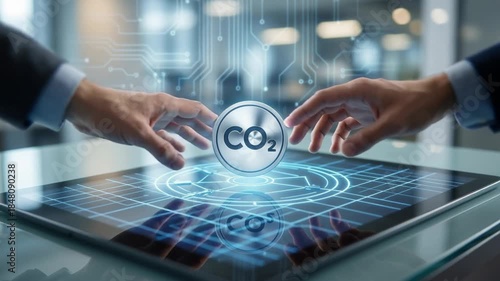 Carbon co2 tablet hologram hands technology analyzing carbon data emission reduction digital