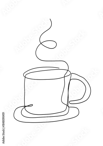 Illustration vectorielle d'une tasse et d'une boisson chaude en un seul trait noir. Dessin en ligne continue.