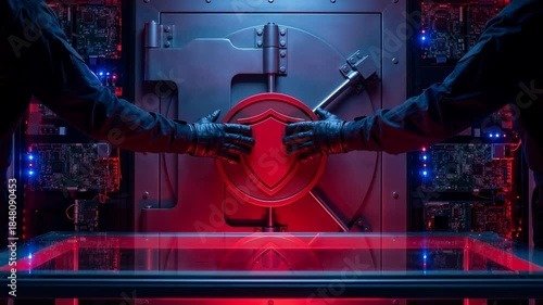 Gloved hands opening secure vault door with shield emblem and red security glove hand vault shield