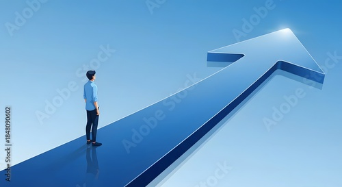 A man looks upwards along a bright ascending blue arrow path