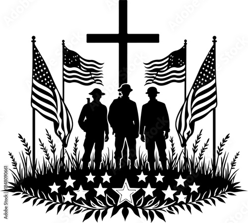 Military Memorial Silhouette with Cross, Flags, and Soldiers