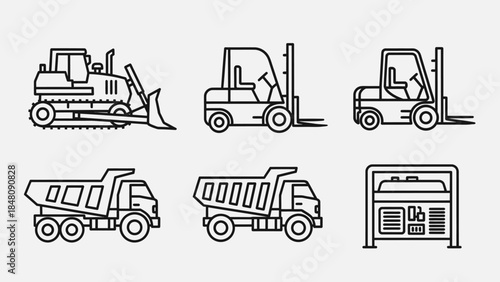 Heavy Machinery Collection: A comprehensive set of line art illustrations, featuring various heavy machinery and equipment commonly found in construction sites, industrial settings.
