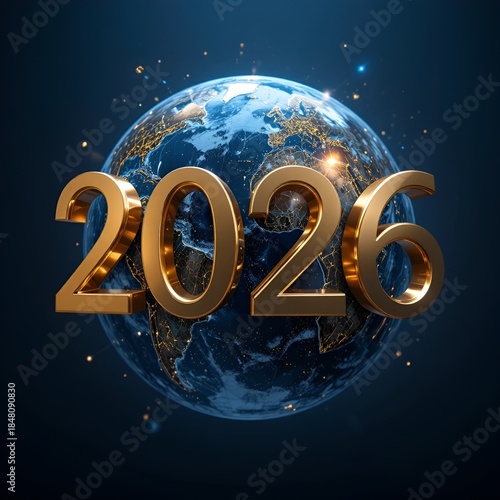 A sparkling representation of the year 2026, adorned with shimmering lights and a festive atmosphere. 
