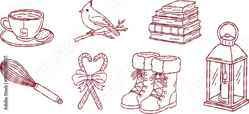 Cozy winter hygge collection, hand drawn christmas tea cup, cardinal bird on branch, stack of books, lantern, snow boots, vector illustration