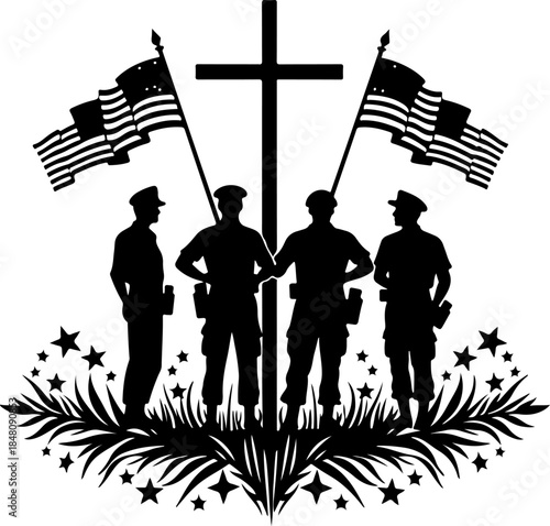 Military Memorial Silhouette with Cross, Flags, and Soldiers