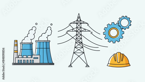 Industrial Dynamics: An illustrative portrayal of industry, showcasing a power plant, electrical pylon, gears, and safety helmet