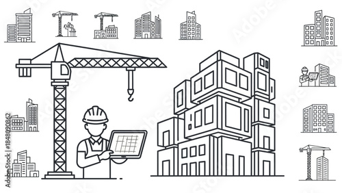 Building Plans: This image presents a detailed illustration of construction projects, showcasing a modern architectural design and its associated equipment.