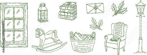 Hand drawn christmas clipart set, cozy winter window, armchair, firewood, street lamp, hygge home interior, festive holiday decor, vector