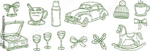Hand drawn christmas clipart set, cozy winter vintage car, record player, rocking horse, holiday mulled wine, vector illustration