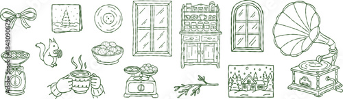 Hand drawn christmas clipart set, cozy winter gramophone, cupboard, kitchen scale, squirrel, cookies, vinyl record, holiday decor, vector