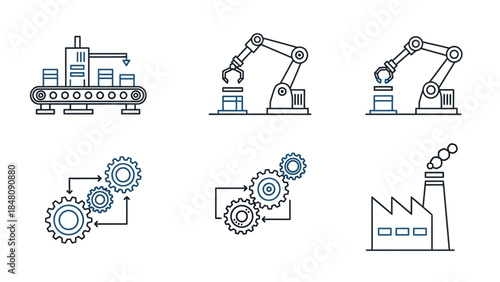 Automation Elements: A collection of minimalist illustrations showcases the key components and processes of automated production, including robotic arms, conveyor belts, gears.