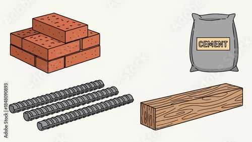 Construction Essentials: A meticulously illustrated assembly of essential construction elements, ideal for architectural projects and building designs.