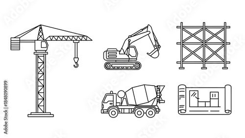 Construction Equipment Elements: A detailed illustration showcasing essential construction elements, each depicted with precision and clarity, ready to build your creative projects.