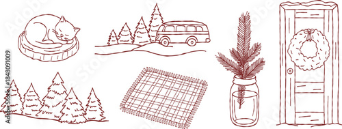 Hand drawn christmas outdoor collection, cozy winter cat sleeping, travel van, pine forest, wreath on door, festive holiday decor, vector