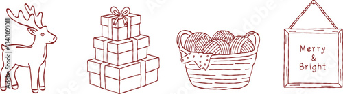 Holiday preparation collection, hand drawn christmas reindeer, stack of gift boxes, knitting yarn basket, festive sign, vector
