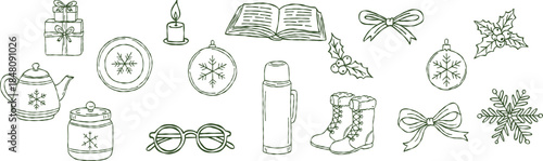 Winter essentials clipart collection, hand drawn christmas teapot, glasses, snow boots, open book, candle, holiday decor, vector illustration