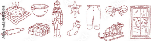 Traditional holiday clipart bundle, hand drawn christmas nutcracker, baked pie, star, sleigh with gifts, winter window, vector