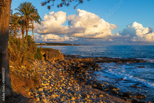 Fototapeta Naklejka Na Ścianę i Meble -  Rocky shoreline illuminated by warm low sunset light. Long shadows, blue sea with surf, tall palm trees and white clouds. Peaceful vibe. Mediterranean, Side, Antalya, Turkey.

