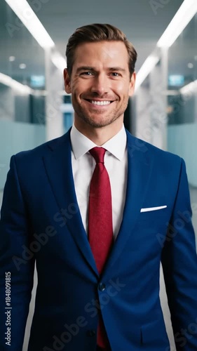 Wallpaper Mural Man in suit walks through modern office hallway with glass walls during daytime Torontodigital.ca