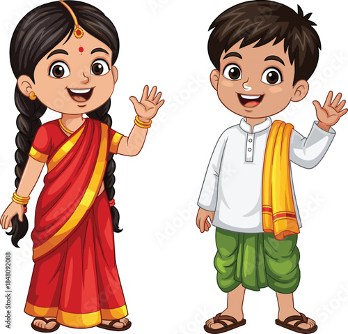 Cheerful cartoon Indian children in traditional cultural clothing, smiling and waving, vibrant festive illustration for education, celebration, and cultural themes.