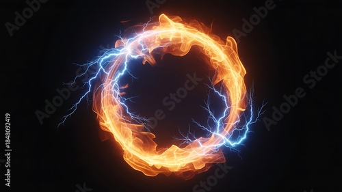 Abstract background of fire and lightning circle effect with dark backdrop