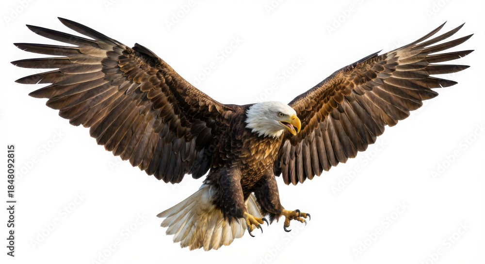 Obraz premium Majestic Bald Eagle in full flight with spread wings isolated on white background